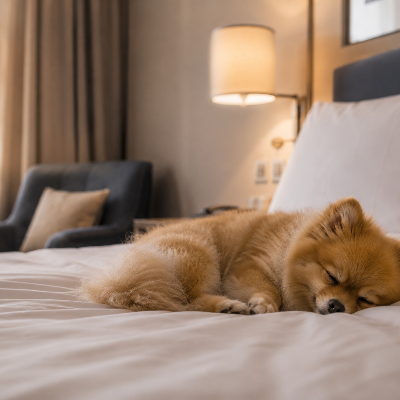 Perro descansando tranquilo en su cama, en un hogar con una rutina estructurada y luz natural suave.