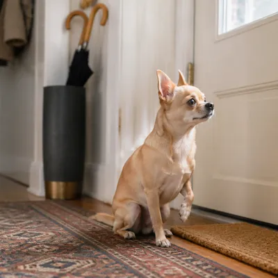 Chihuahua sentado junto a la puerta de un piso, alerta y vigilando.