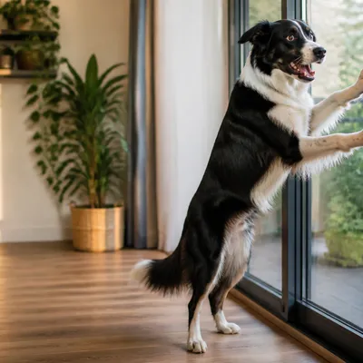 Border Collie arañando una puerta de cristal cerrada en el salón de un piso.