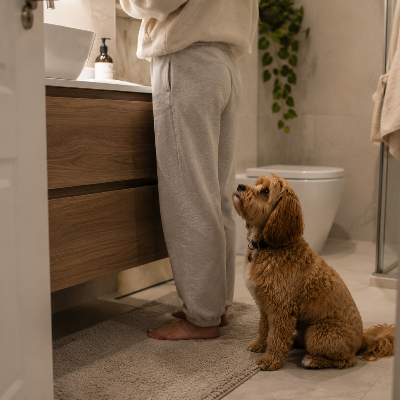 Perro siguiendo a su dueño de habitación en habitación en casa, en un ambiente interior tranquilo con luz natural.
