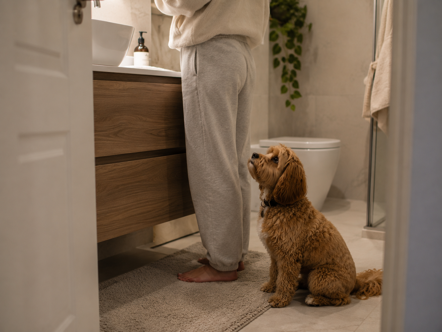 Perro siguiendo a su dueño de habitación en habitación en casa, en un ambiente interior tranquilo con luz natural.