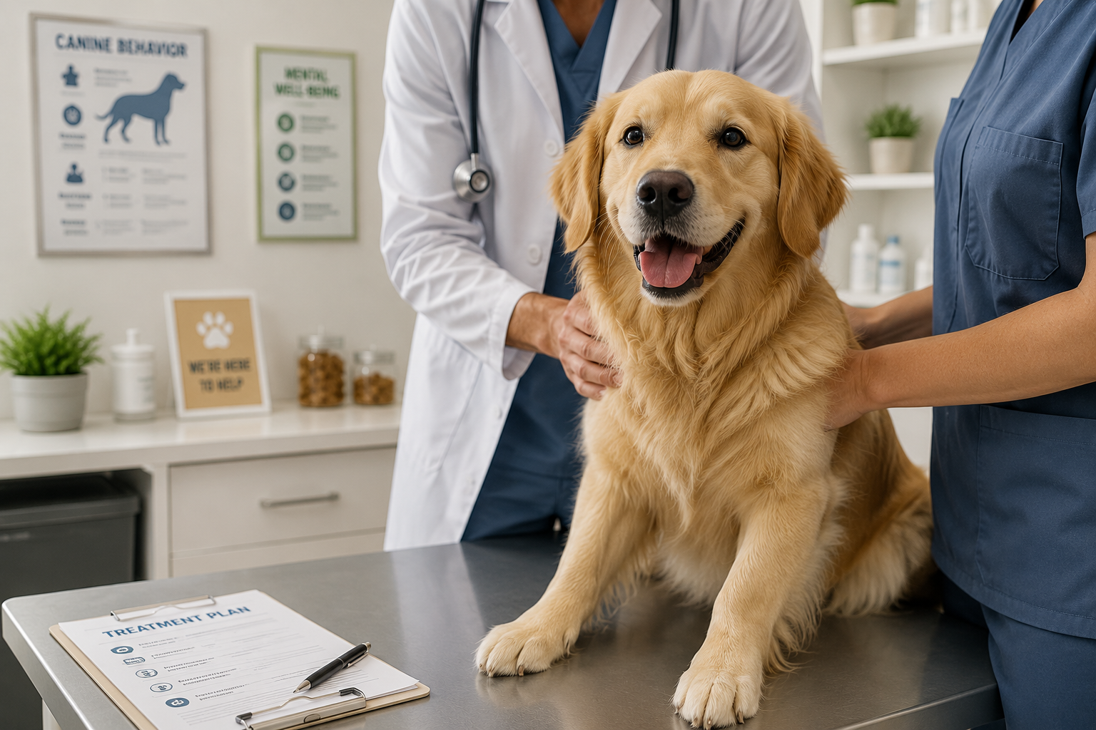Veterinario examinando a un perro mientras habla con el dueño sobre el tratamiento de la ansiedad por separación.